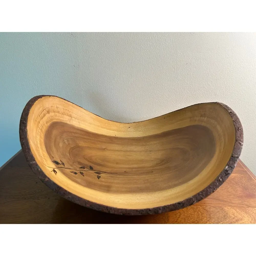 Vintage Olive Wood Look Live Edge Decorative Bowl with Burnt Floral Design